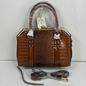 Isabelle Satchel Handbag Croc Embossed Vegan Leather Brown Crossbody Gold NWT